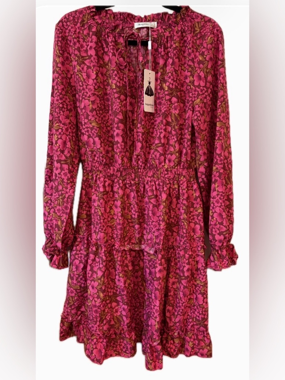 Angashion Pink Floral Tiered Long Sleeve Mini Dress Large NWT